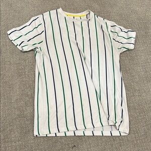 Striped White T-Shirt with Green and Blue Accents